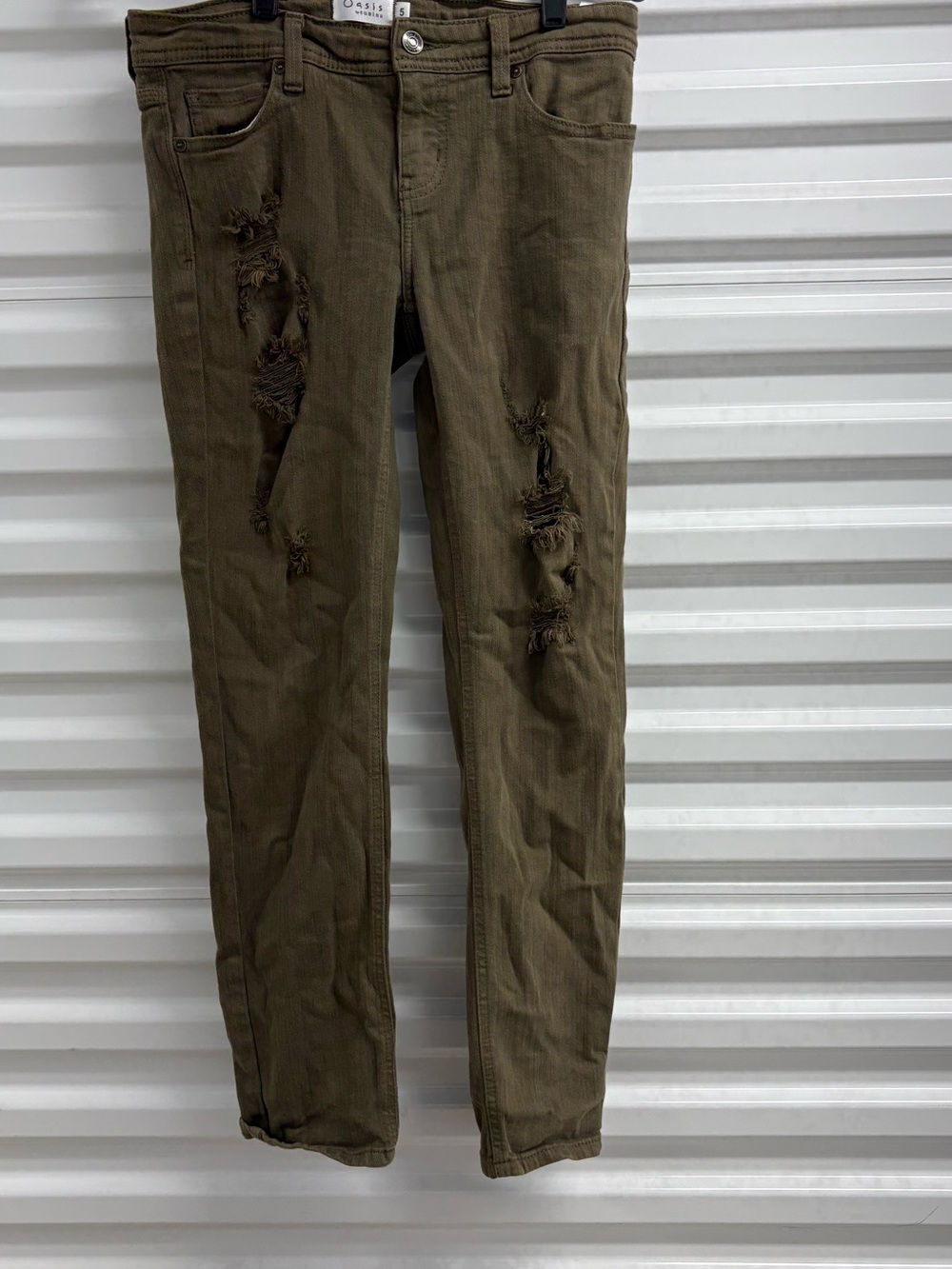 Oasis by Eunina Green Distressed Denim Bootcut Jeans 5-Pocket Button Closure